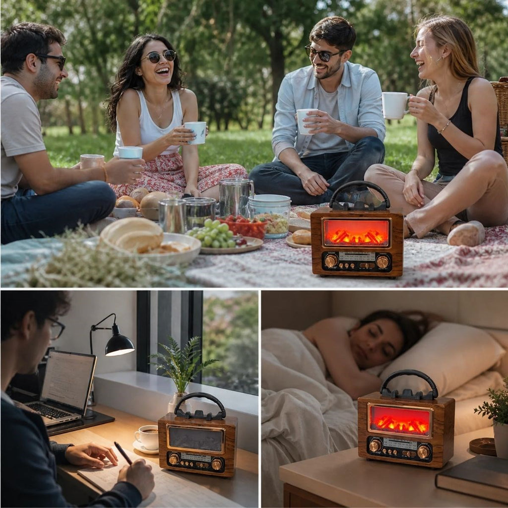 NS-901 Şömine Görünümlü Bluetooth Hoparlör, Nostaljik Radyo ve Kablosuz Müzik Çalar, Dekoratif Retro Tasarım
