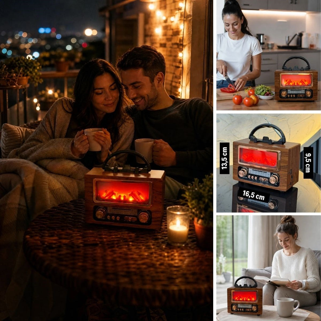 NS-901 Şömine Görünümlü Bluetooth Hoparlör, Nostaljik Radyo ve Kablosuz Müzik Çalar, Dekoratif Retro Tasarım