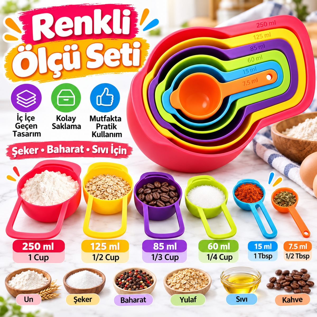Renkli ölçü seti özellikleri ve ölçü kapasiteleri