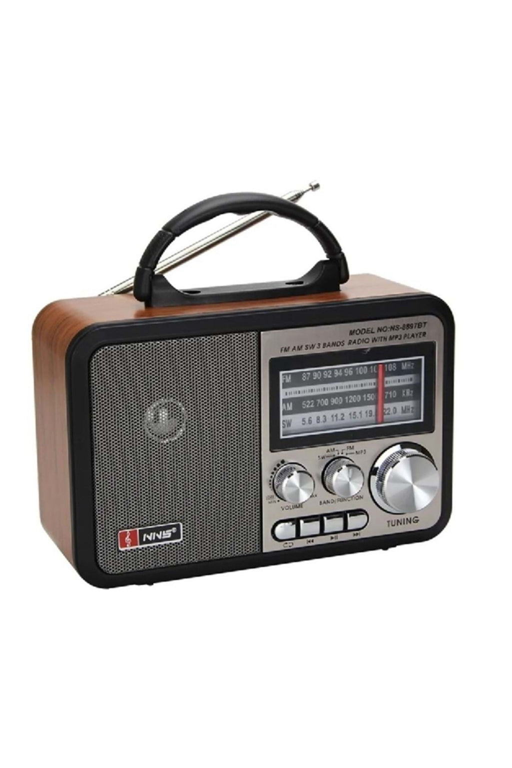 Orta Boy Retro, Nostaljik, Ahşap Tasarım Bluetooth Hoparlörlü, Şarjlı, Taşınabilir FM/AM Destekli Radyo NS-8897