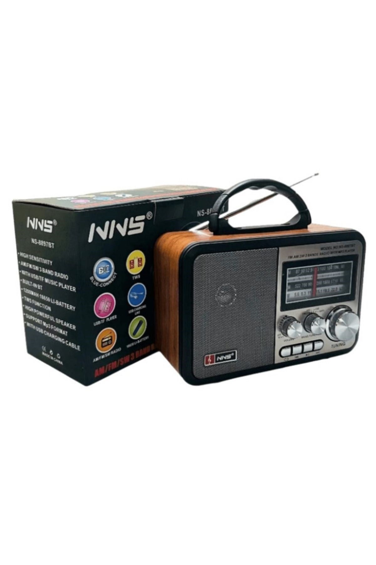 Orta Boy Retro, Nostaljik, Ahşap Tasarım Bluetooth Hoparlörlü, Şarjlı, Taşınabilir FM/AM Destekli Radyo NS-8897