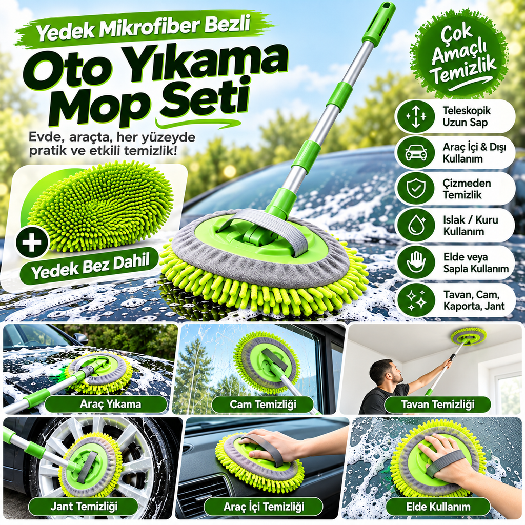 Yedek mikrofiber bezli teleskopik oto yıkama mop seti özellik görseli
