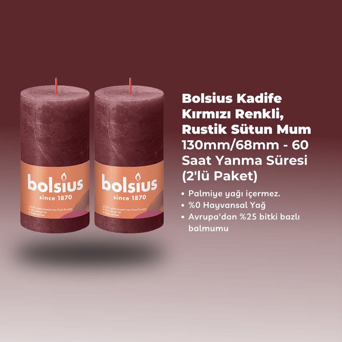 Rustik Blok Mum - Kadife Kırmızı - 130mm/68mm - 60 Saat Yanma Süresi (2'li Paket) - Herseyben.deAmbiansBlok Mumlar