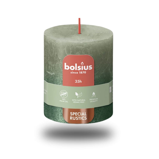 Rustik Blok Mum - Taze Zeytin ve Metalik Yeşil- 80mm/66mm - 35 Saat Yanma Süresi (2'li Paket )