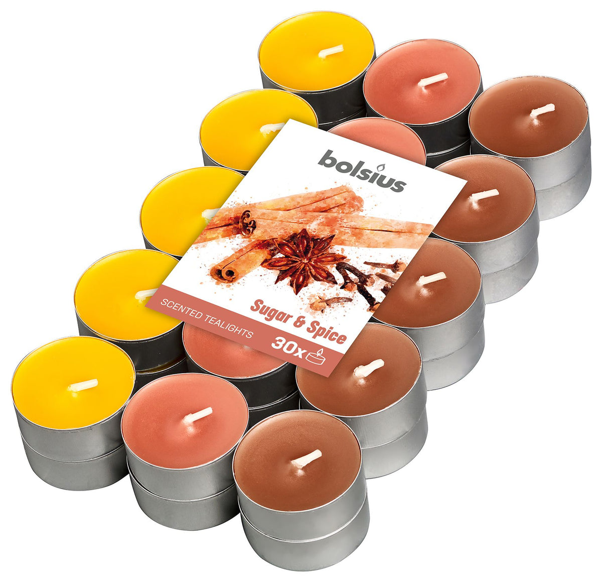 Şeker ve Baharat Kokulu, Karışık Renkli 4 Saat Yanma, Tealight Mum (30'lu Paket) - Herseyben.deAmbiansbolsius