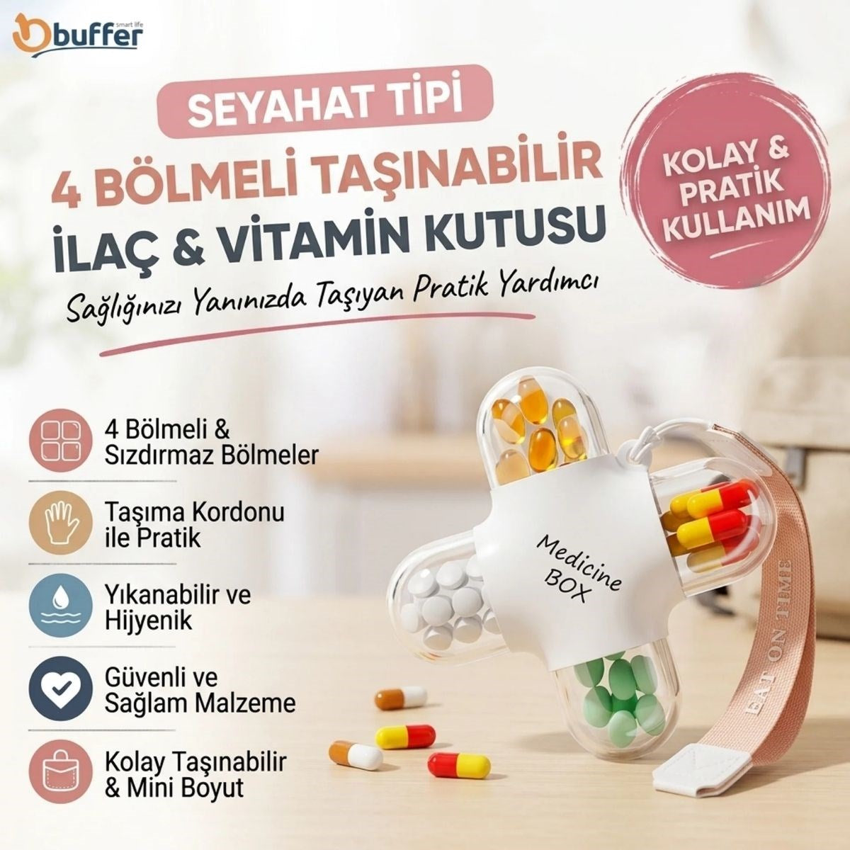 Seyahat Tipi 4 Bölmeli Taşınabilir İlaç ve Vitamin Kutusu, Kordonlu Mini Hap Saklama Kutusu