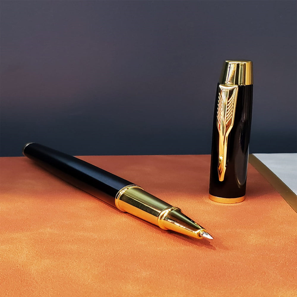 Siyah Gold Detaylı Termo Deri Defter Ve Metal Roller Kalem Hediye Seti — görsel 3