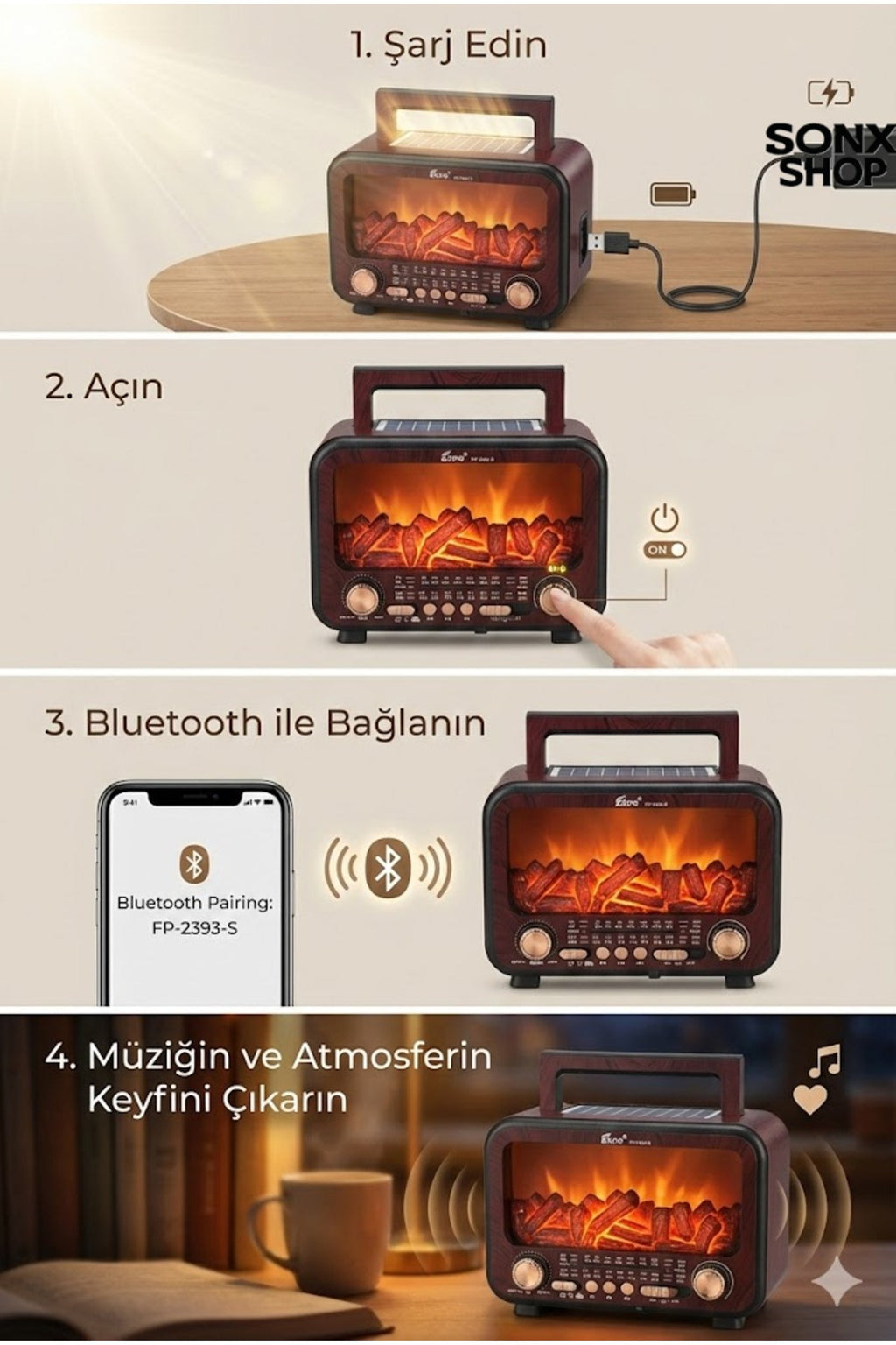 Şömine Alev Efektli Bluetooth Hoparlör Radyo – Güneş Enerjili