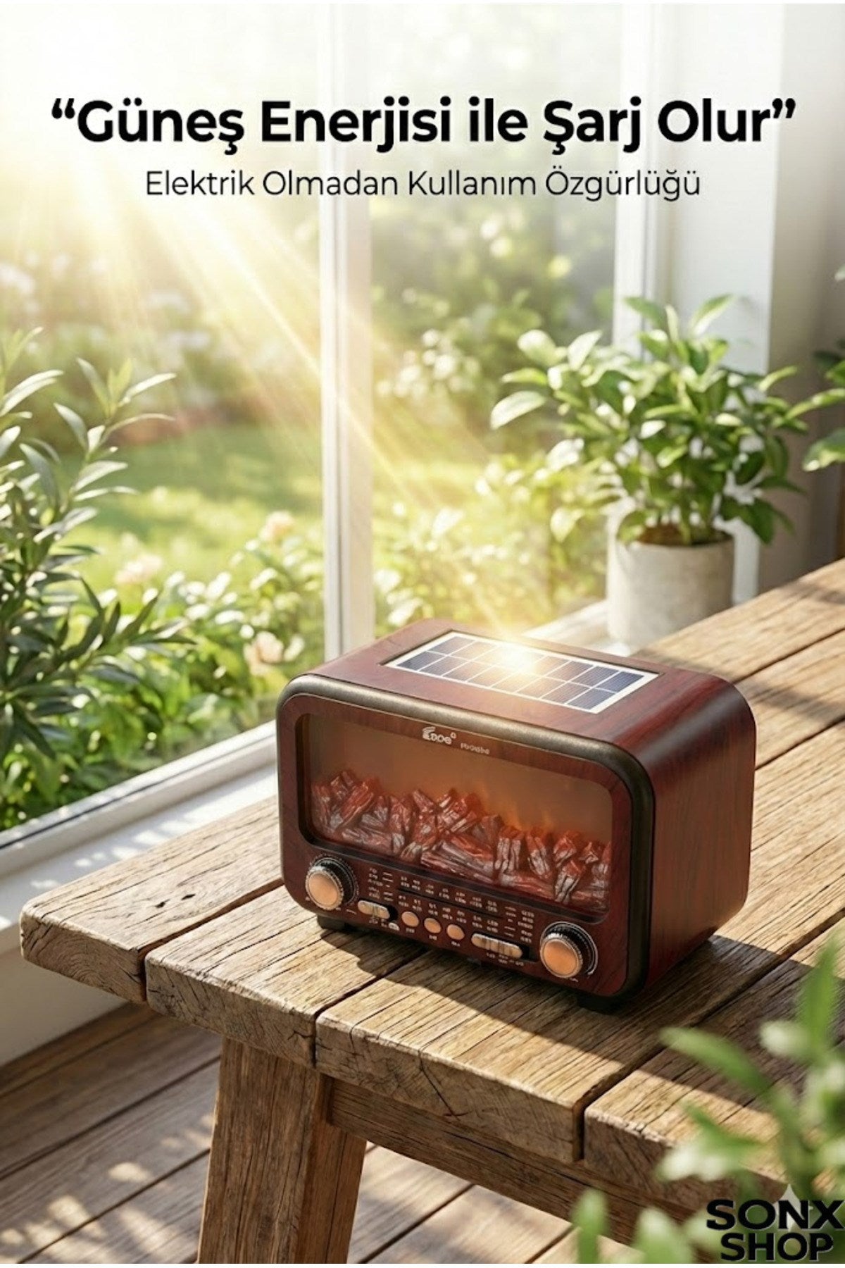 Şömine Alev Efektli Bluetooth Hoparlör Radyo – Güneş Enerjili