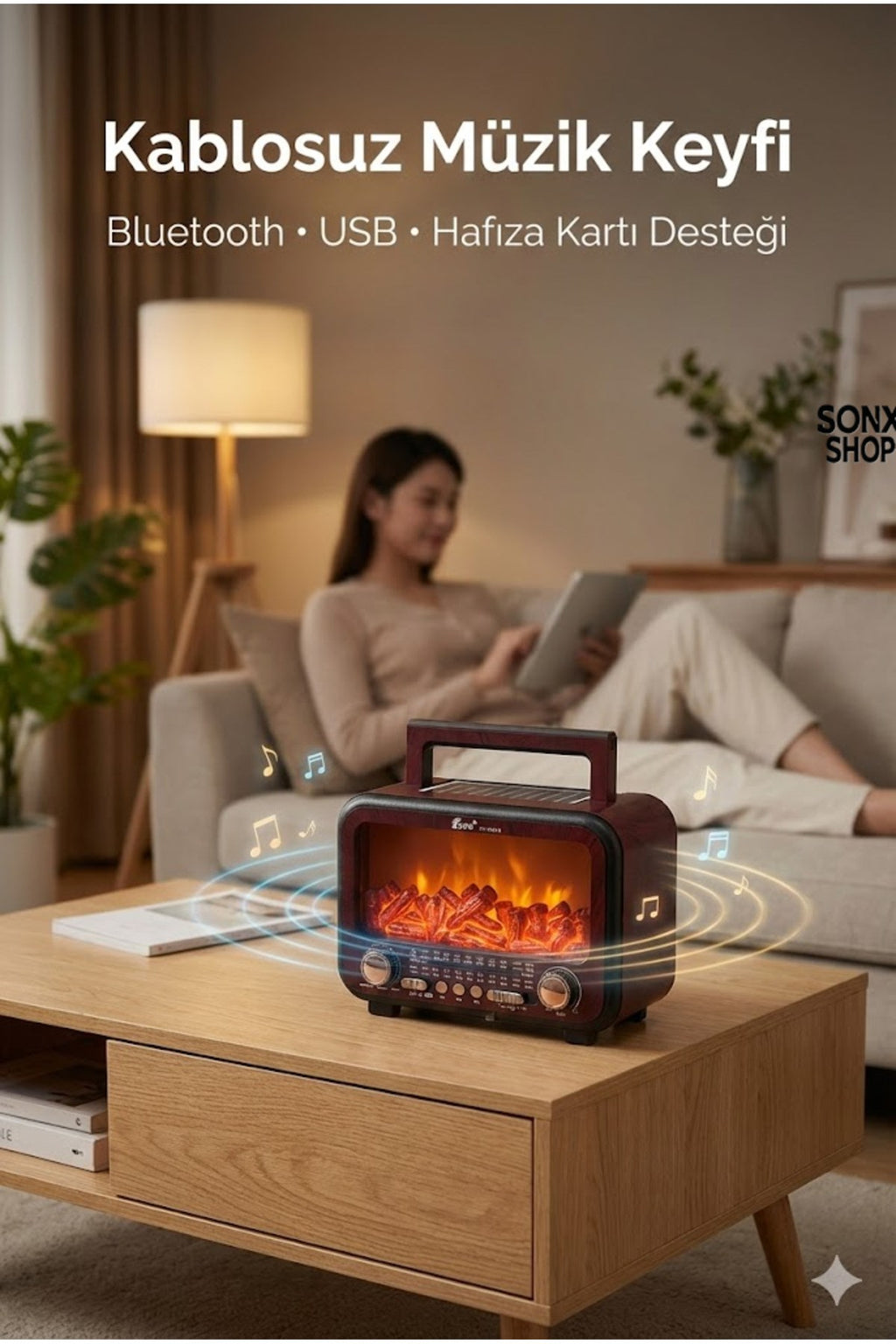 Şömine Alev Efektli Bluetooth Hoparlör Radyo – Güneş Enerjili