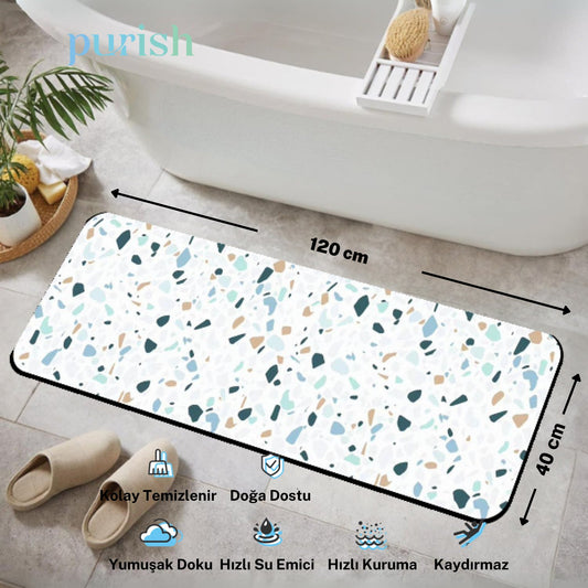 Su Emici, Kaydırmaz Tabanlı, Yıkanabilir, Renkli Taş Desenli Diatom Banyo ve Abdest Paspası 120 x 40 cm -