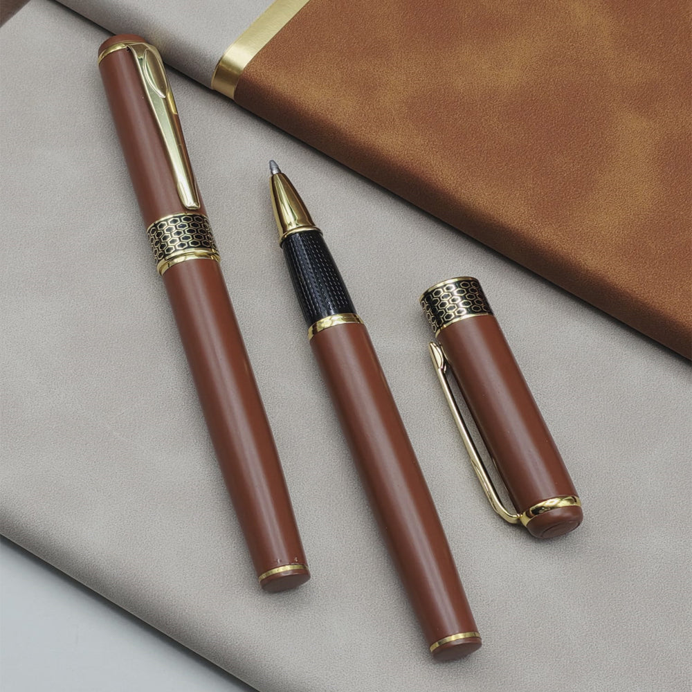 Taba Rengi Gold Detaylı Termo Deri Defter Ve Metal Roller Kalem Hediye Seti — görsel 3