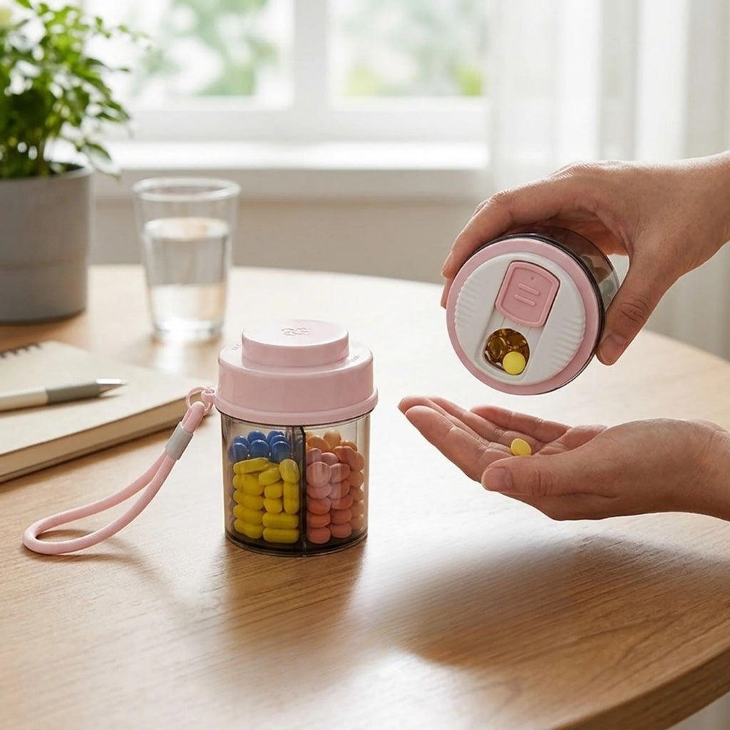 Temassız Dozajlamalı Taşıma İpli Hap Saklama Organizeri,4 Bölmeli Mini İlaç ve Vitamin Kutusu
