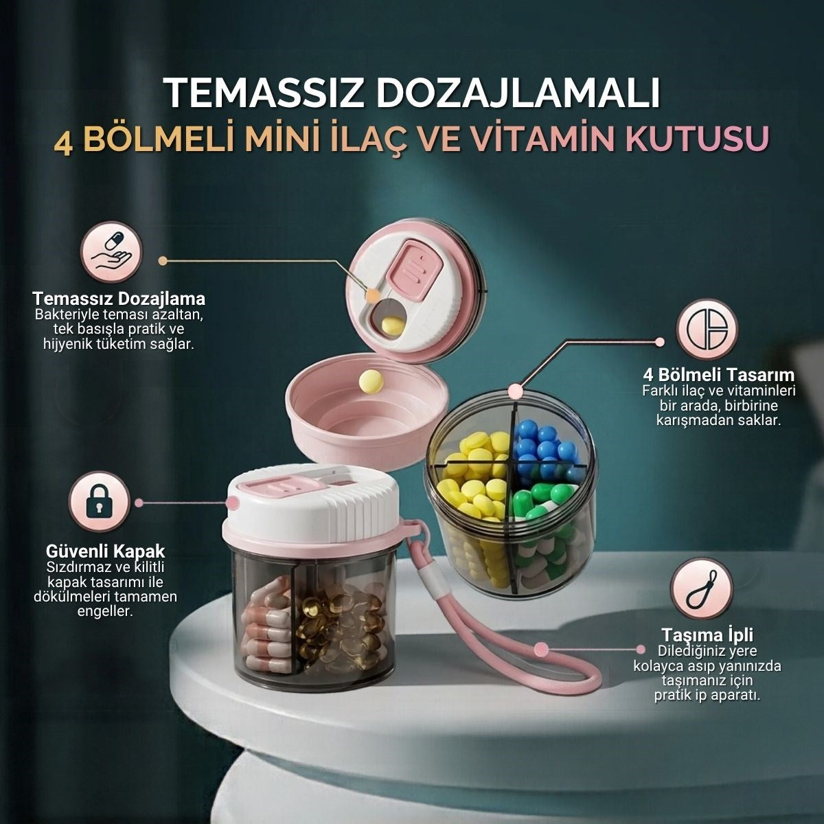 Temassız Dozajlamalı Taşıma İpli Hap Saklama Organizeri,4 Bölmeli Mini İlaç ve Vitamin Kutusu