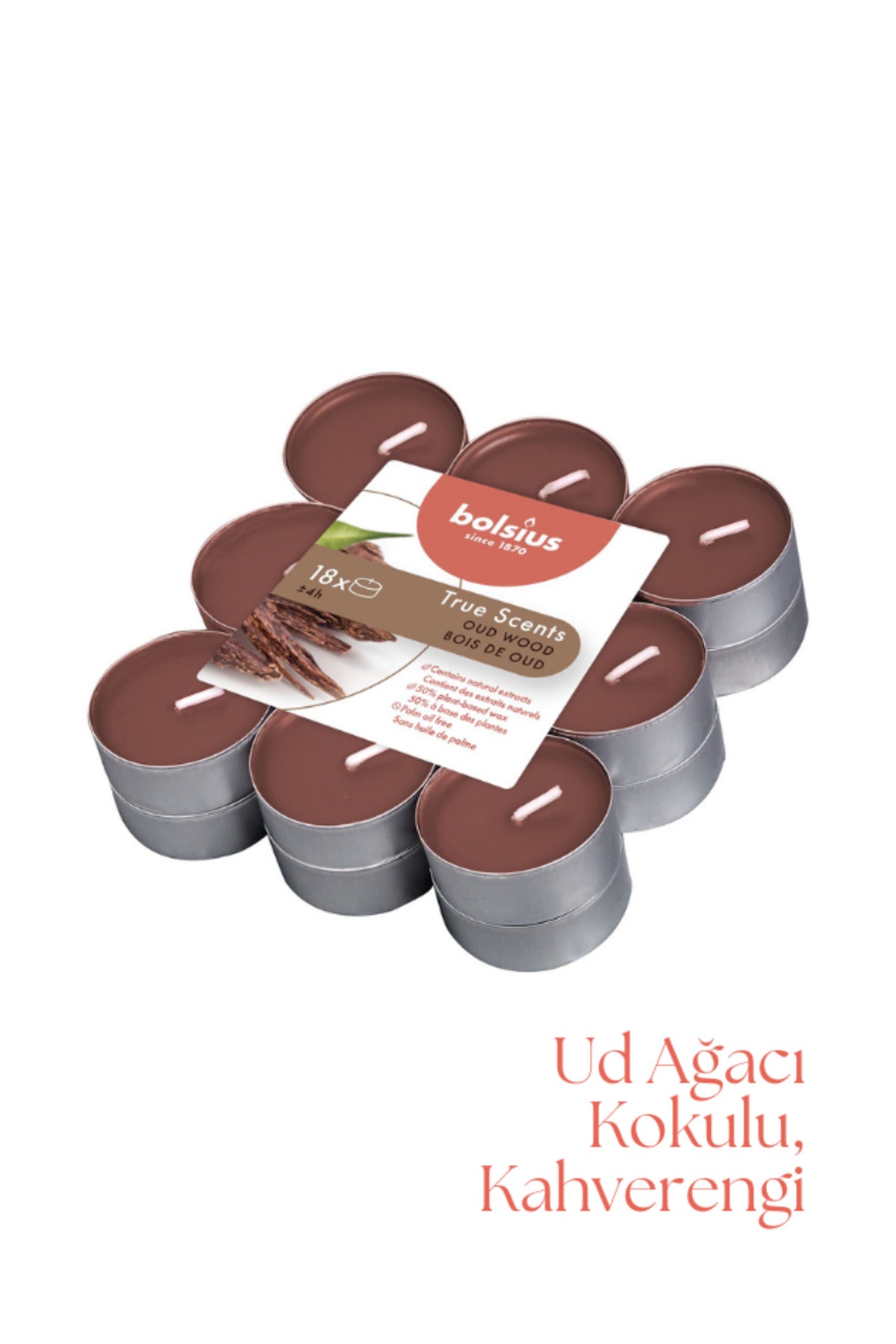 Ud Ağacı Kokulu, Kahverengi 4 Saat Yanma Süreli Tealight Mum (18'li Paket) - Herseyben.de