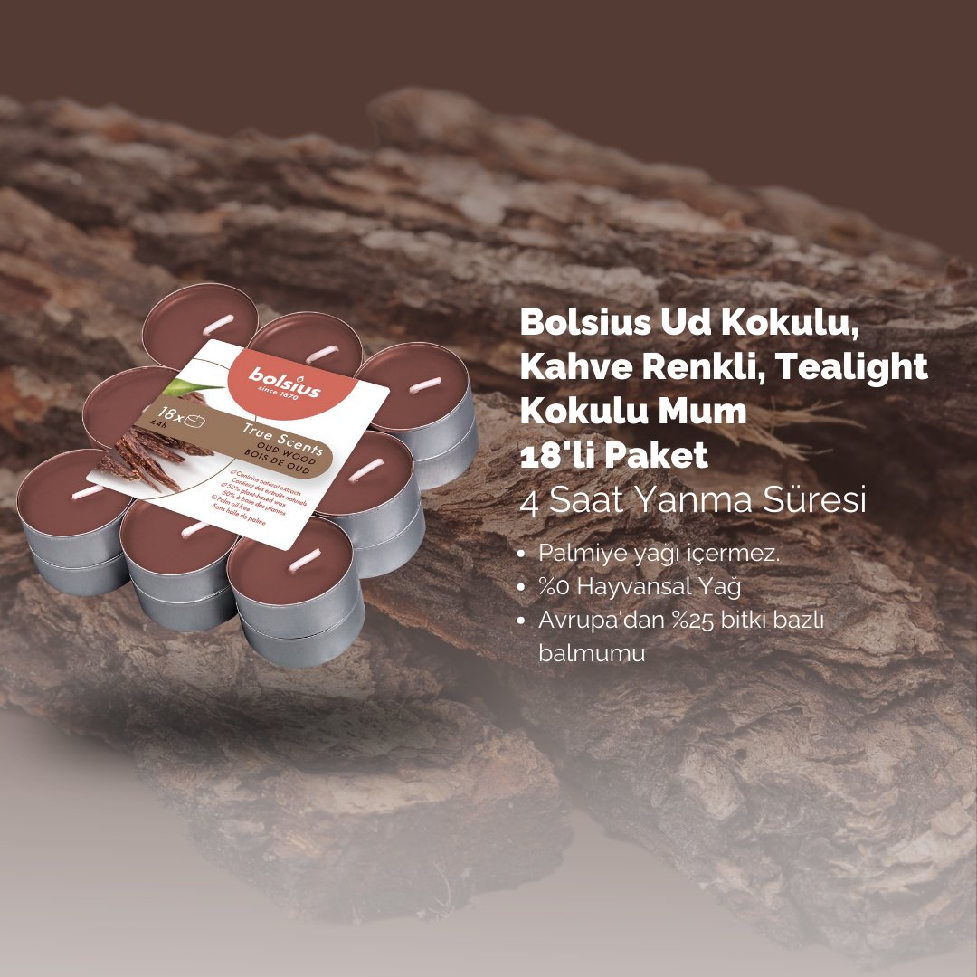 Ud Ağacı Kokulu, Kahverengi 4 Saat Yanma Süreli Tealight Mum (18'li Paket) - Herseyben.de