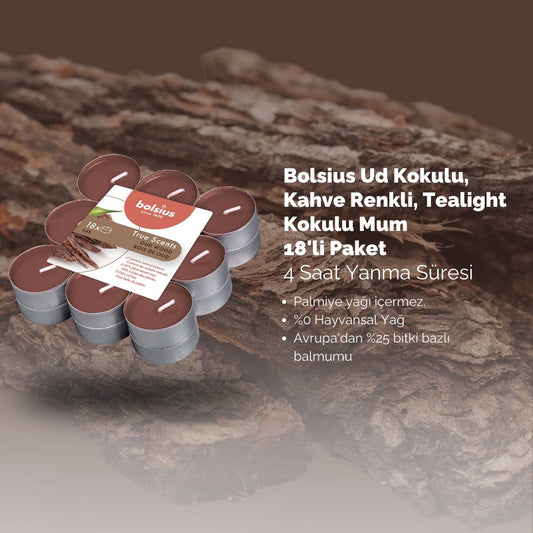 Ud Ağacı Kokulu, Kahverengi 4 Saat Yanma Süreli Tealight Mum (18'li Paket) - Herseyben.deAmbiansbolsius