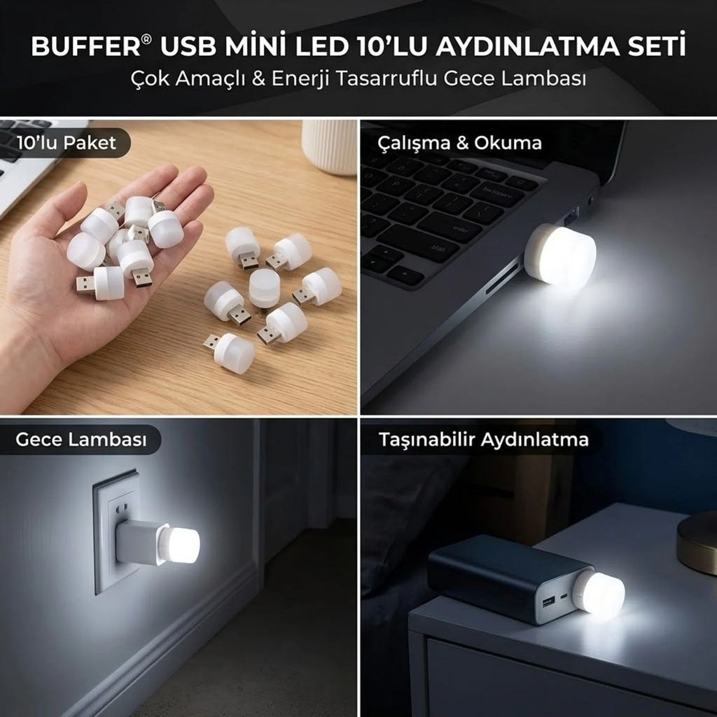 USB Mini Top LED 10’lu Aydınlatma Beyaz Işıklı Gece Lambası, Enerji Tasarruflu Mikro LED Işıklar