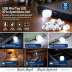USB Mini Top LED 10’lu Aydınlatma Beyaz Işıklı Gece Lambası, Enerji Tasarruflu Mikro LED Işıklar