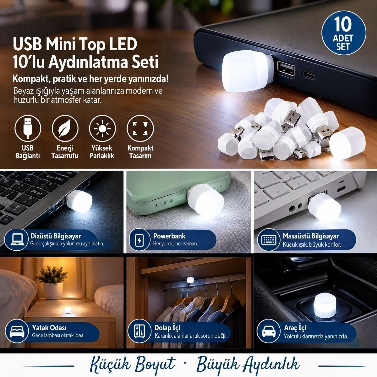 USB Mini Top LED 10’lu Aydınlatma Beyaz Işıklı Gece Lambası, Enerji Tasarruflu Mikro LED Işıklar