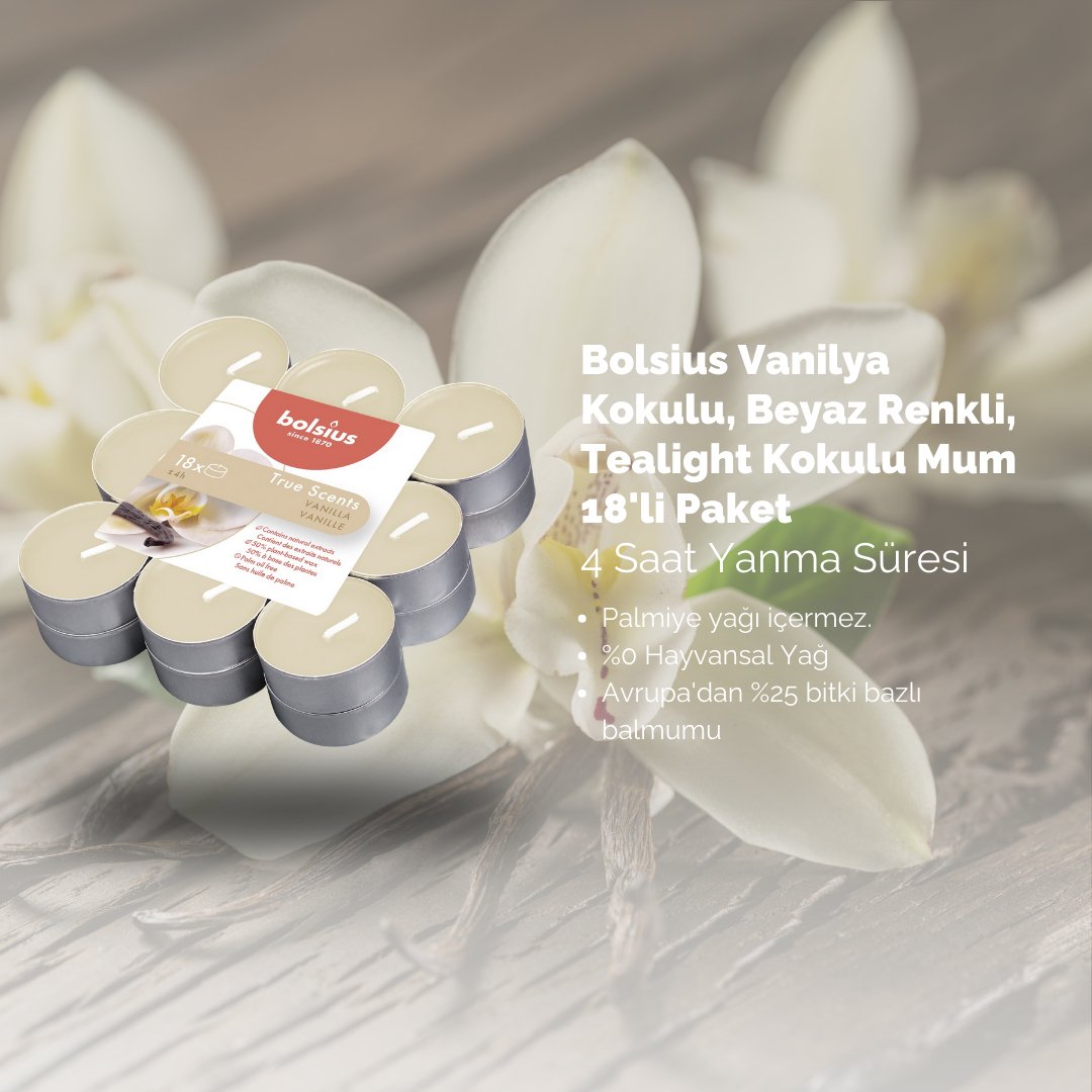 Vanilya Kokulu, Fildişi Renkli 4 Saat Yanma Süreli Tealight Mum (18'li Paket) - Herseyben.deAmbiansbolsius