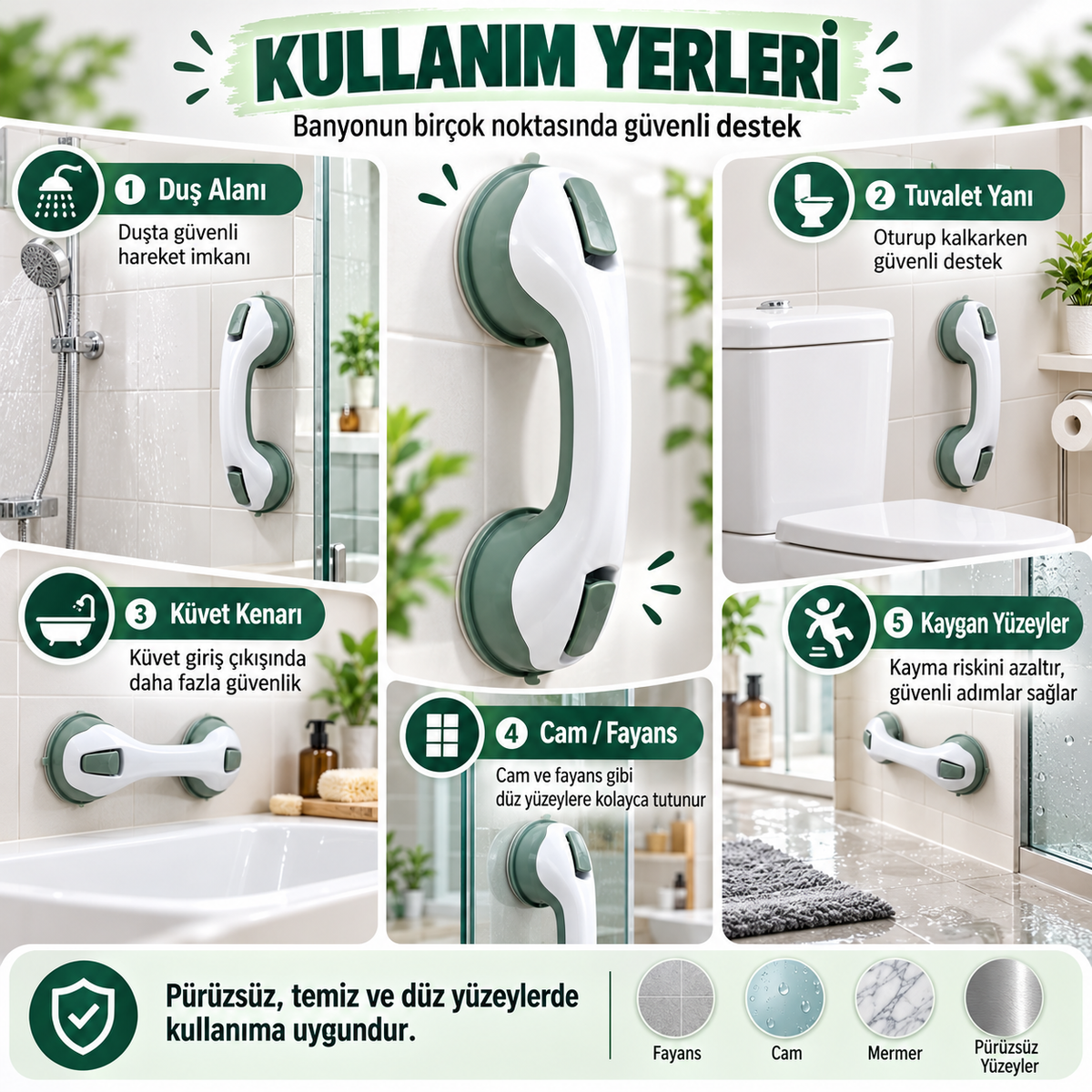 Vantuzlu banyo tutacağı duş tuvalet küvet cam ve fayans kullanım yerleri