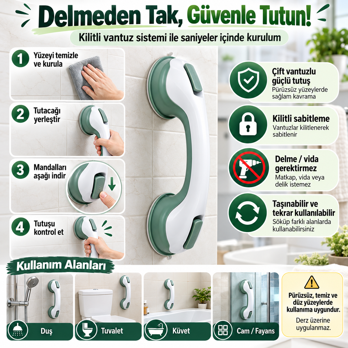 Vantuzlu banyo tutacağı delmesiz kurulum ve kilitli vantuz sistemi