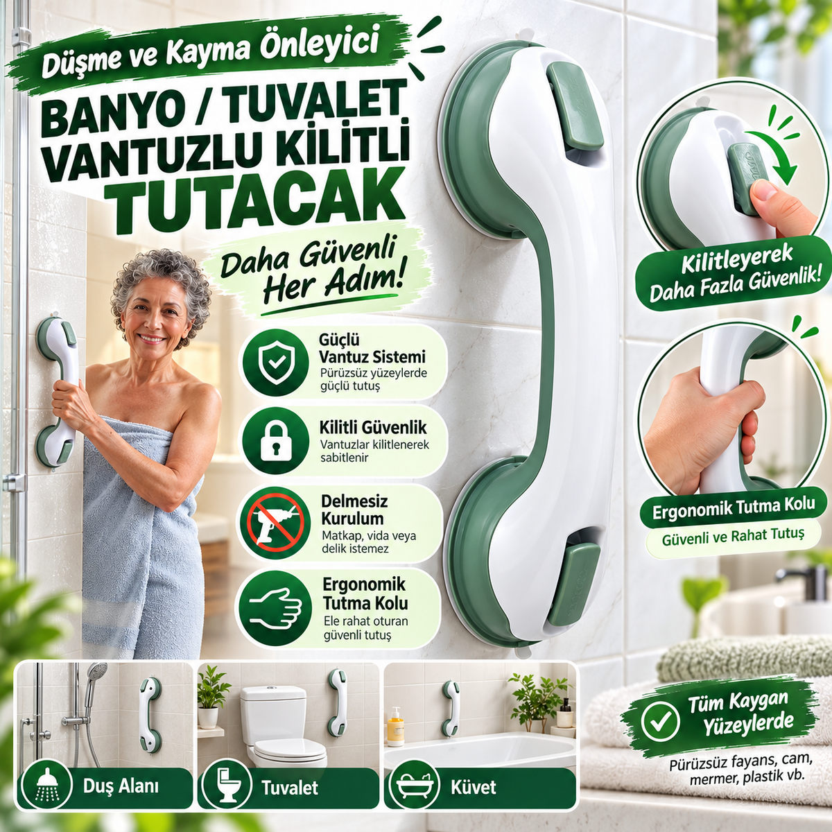 Vantuzlu banyo tutacağı özellikleri ve kullanım alanları