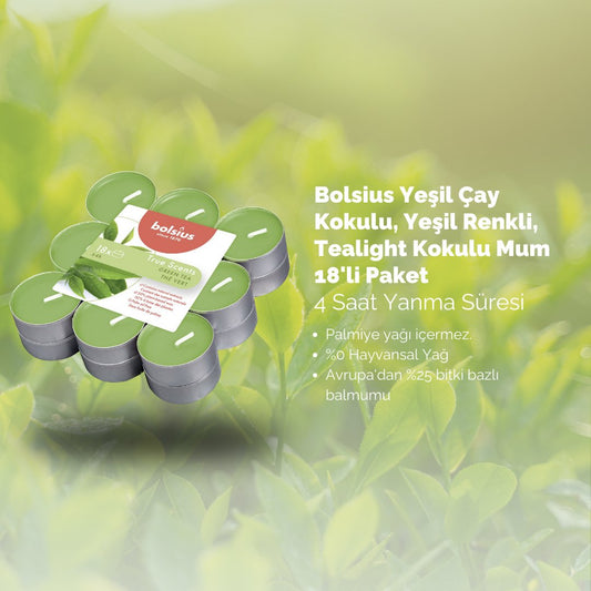 Yeşil Çay Kokulu, Açık Yeşil Renkli 4 Saat Yanma Süreli Tea light Mum (18'li Paket) - Herseyben.deAmbiansbolsius