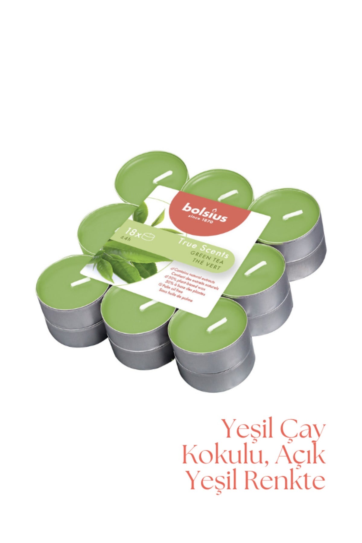 Yeşil Çay Kokulu, Açık Yeşil Renkli 4 Saat Yanma Süreli Tea light Mum (18'li Paket) - Herseyben.de