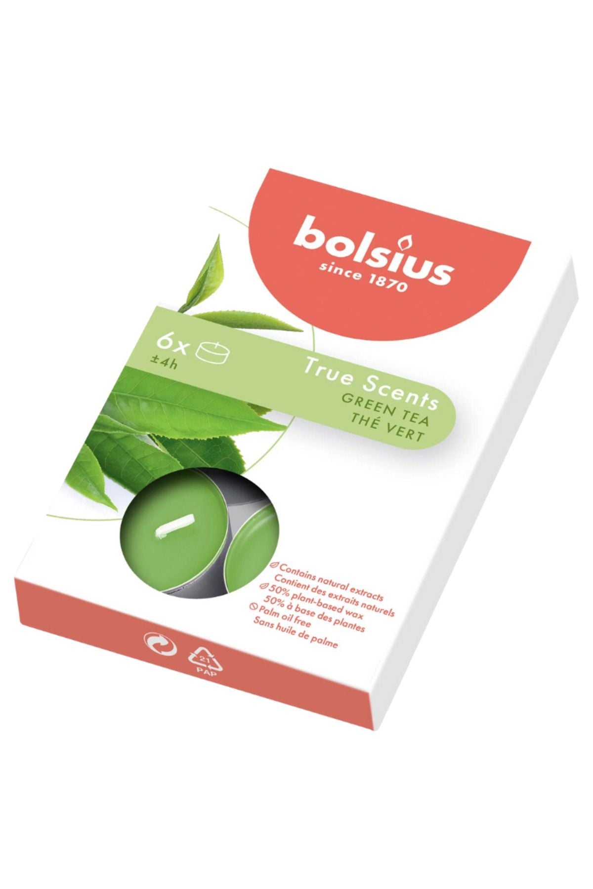 Yeşil Çay Kokulu Tealight Mum, Kırmızı Renkli, 6'lı Paket, 4 Saatlik Yanma Süresi - Ev Mumu - İç Dekorasyon - Doğal Özler - Doğal Vegan Balmumu İçerir - Palmiye Yağı İçermez - Herseyben.de
