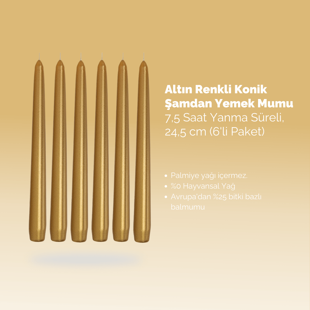 Altın Renkli Konik Şamdan Yemek Mumu, 7,5 Saat Yanma Süreli, 24,5 cm Uzun Mum (6'li Paket) - Herseyben.de