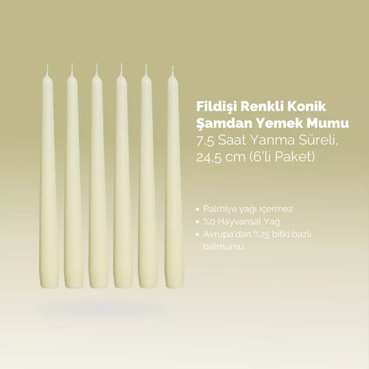 Fildişi Renkli Konik Şamdan Yemek Mumu, 7,5 Saat Yanma Süreli, 24,5 cm Uzun Mum(6'li Paket) - Herseyben.de