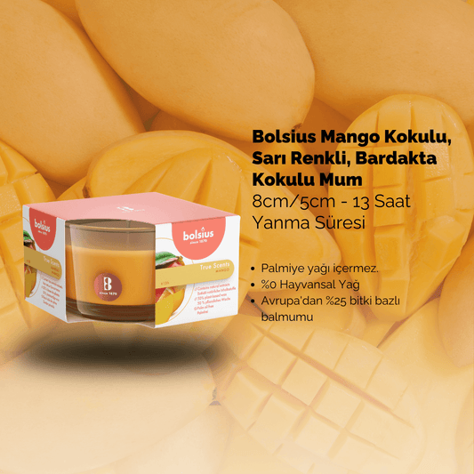 Mango Kokulu, Sarı Renkli, 13 Saat Yanma Süreli Bardakta Mum (50x80mm) - Herseyben.de